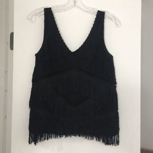 Anthropologie Black Fringe V-Neck Tank Top